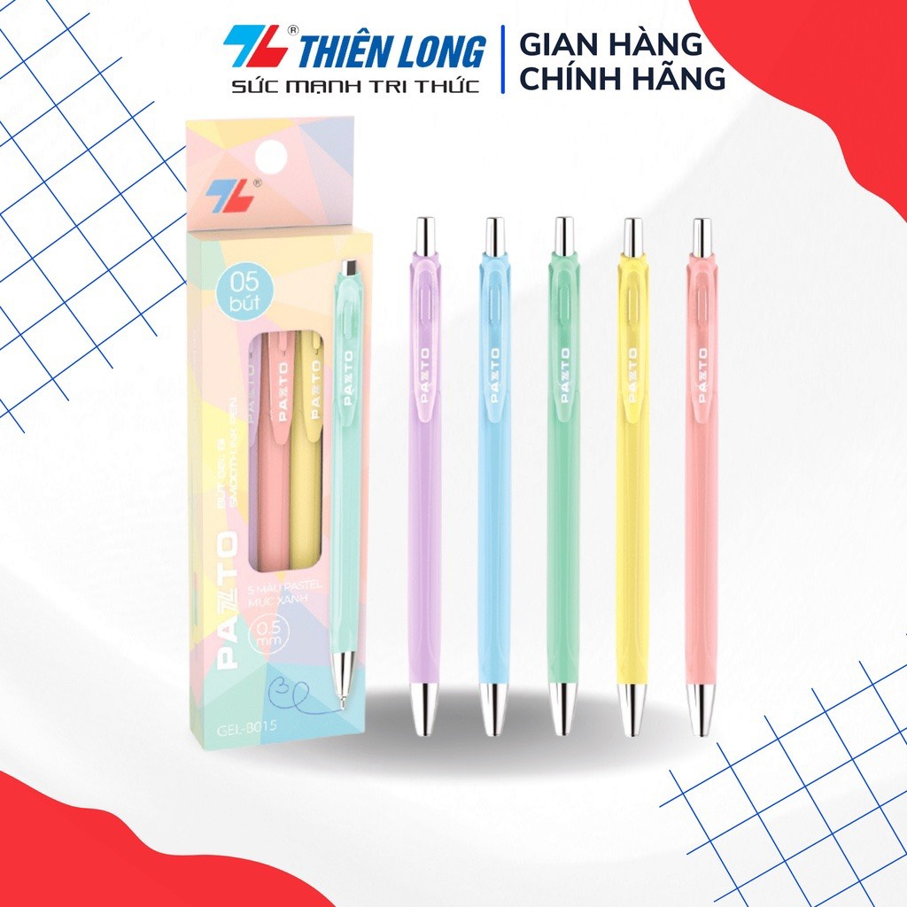Hộp 5 cây bút bi Gel B-015 màu Pastel Thiên Long Pazto mực xanh chính hãng 100%
