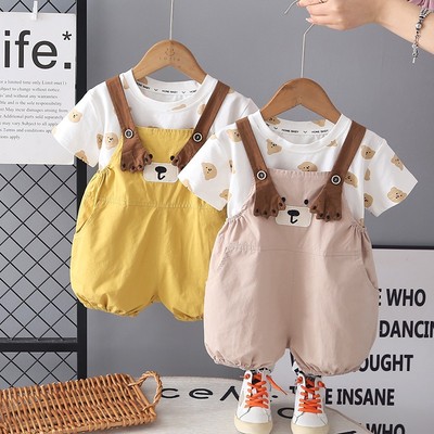 Set Áo Thun Tay Ngắn Họa Tiết Gấu Yếm Quần Cho Bé Trai Gái 1-5 Tuổi MINTSCLOSET Quảng Châu - YE5236