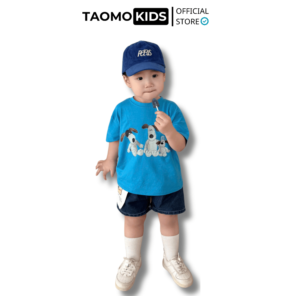 Set áo phông xanh hình cún mix quần jeans phối túi cực chất cho bé C87 - Taomokids