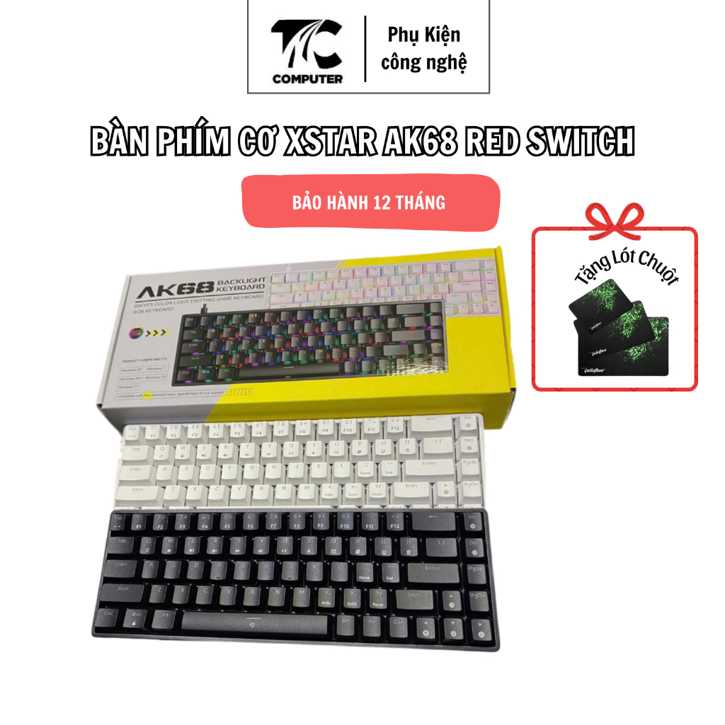 Bàn phím Cơ Xstar AK68 Red Switch Gõ Cực Êm Kết nối Type C hai màu Trắng – Đen - Bảo Hành 12 Tháng.