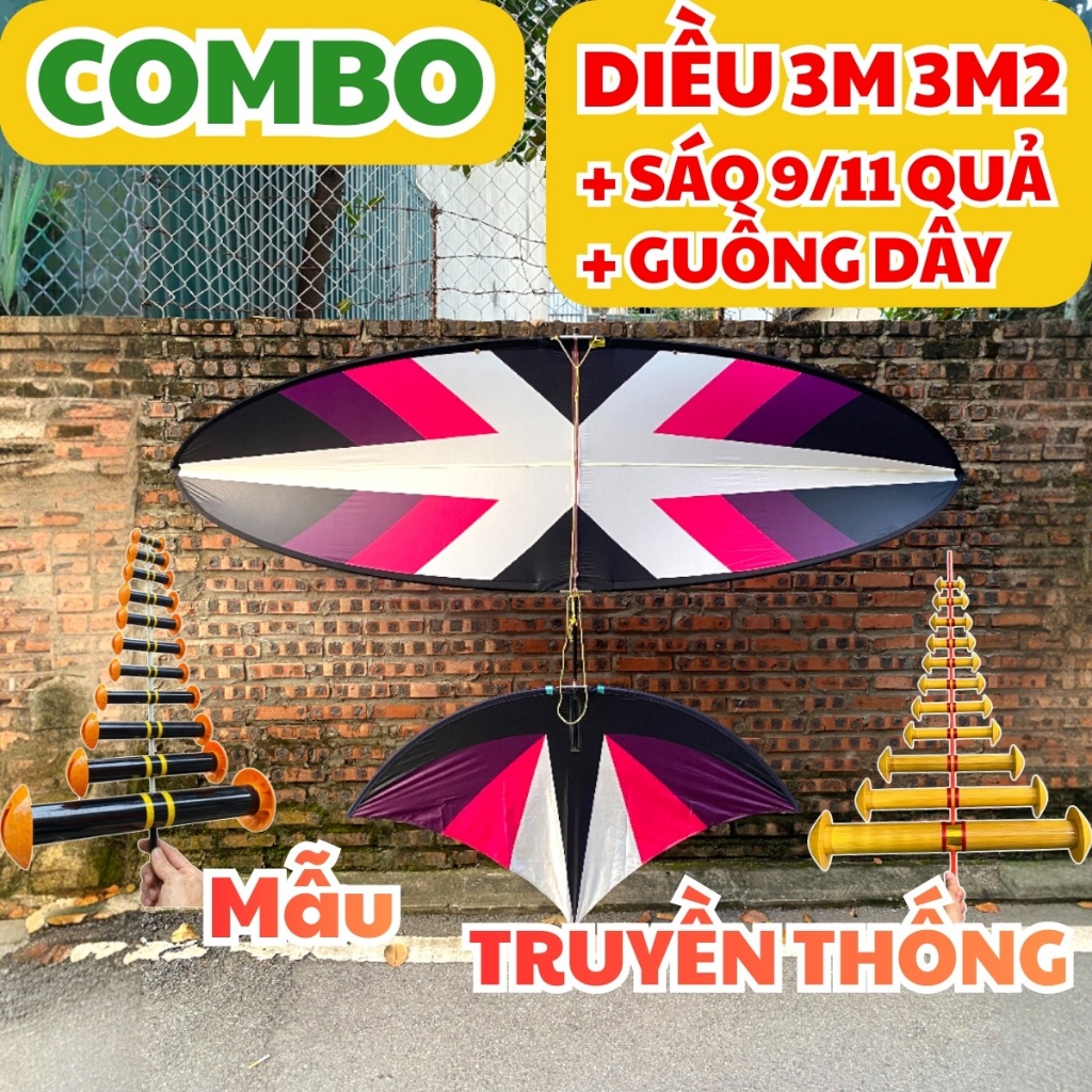 Combo diều 3m 3m2 mẫu TRUYỀN THỐNG - Sáo 9/11 quả + Dây