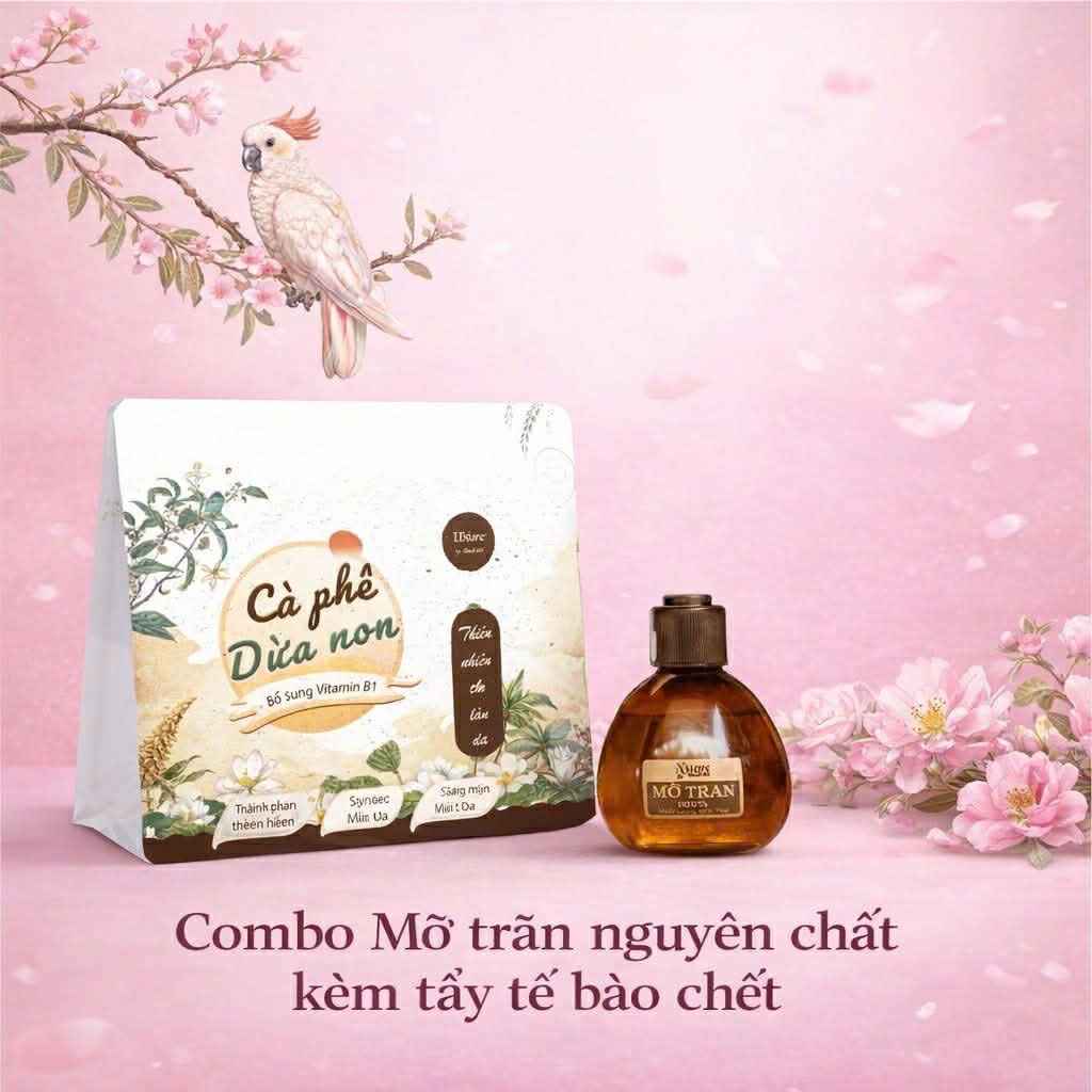 Combo Bột tắm caffe dừa non kèm mỡ trăn nguyên chất 75ml tẩy tế bào chết,dưỡng da