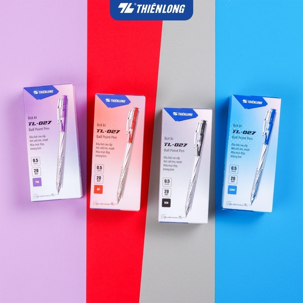 (Hộp 20 cây) Bút bi xanh Thiên Long TL-027 (xanh, đỏ, đen, tím) chính hãng 100%