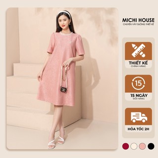 Đầm Suông MICHI House Váy Xuông Gấm Cao Cấp Cổ Tròn Tay Bồng V340