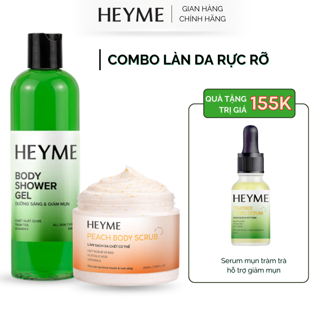 Combo hỗ trợ làm sạch, dưỡng da Heyme sữa tắm 300ml & tẩy da chết body 200gram - Mịn màng rạng rỡ