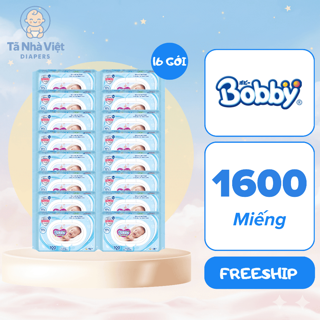 Thùng 16 gói khăn ướt Bobby xanh không mùi chính hãng, giấy ướt Bobby kháng khuẩn an toàn chứa Nano 
