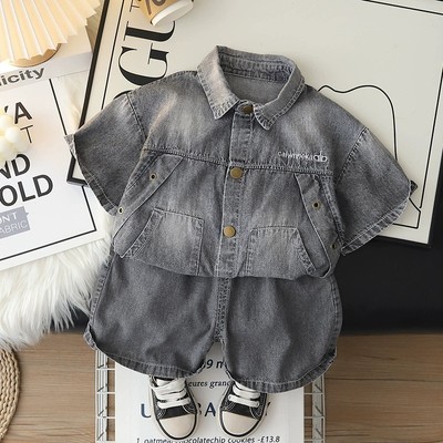 Set Bộ Áo Sơ Mi Họa Tiết Thêu Chữ Quần Đùi Denim Xám Bé Trai 1-5 Tuổi MINTSCLOSET Quảng Châu TN3709