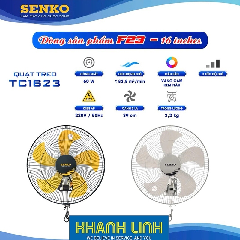 (Mẫu mới 2026) Quạt treo tường TC1623 Senko 2 dây giật - Chính hãng Senko thay mẫu cũ TC16