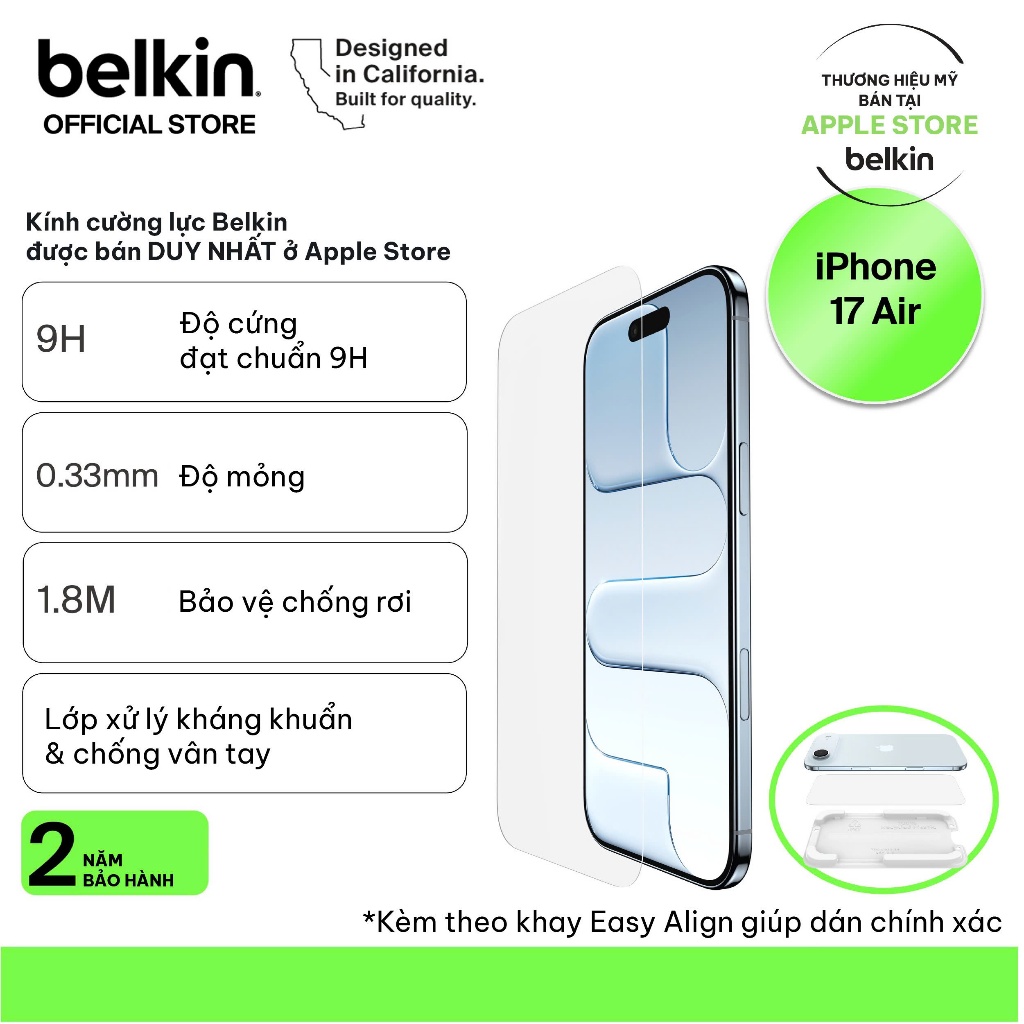 Kính cường lực Belkin cho iPhone 17 series bán duy nhất ở Apple Store không viền trong suốt độ cứng 