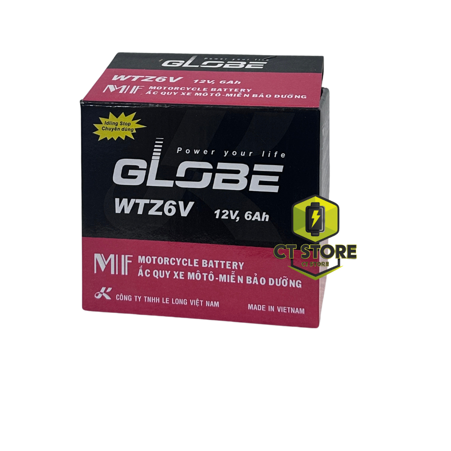 Bình ắc quy xe máy Globe WTZ6V Chính hãng Dùng cho xe máy Winner, Raider, Sonic, Vision, AirBlade