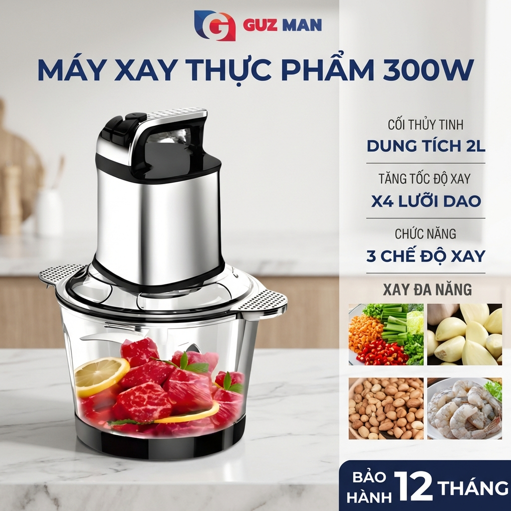 Máy Xay Thịt Đa Năng, Cối Xay Thực Phẩm 4 Lưỡi Dao Sắc, Công Suất Lớn 300W Dung Tích Lớn 2 Lít