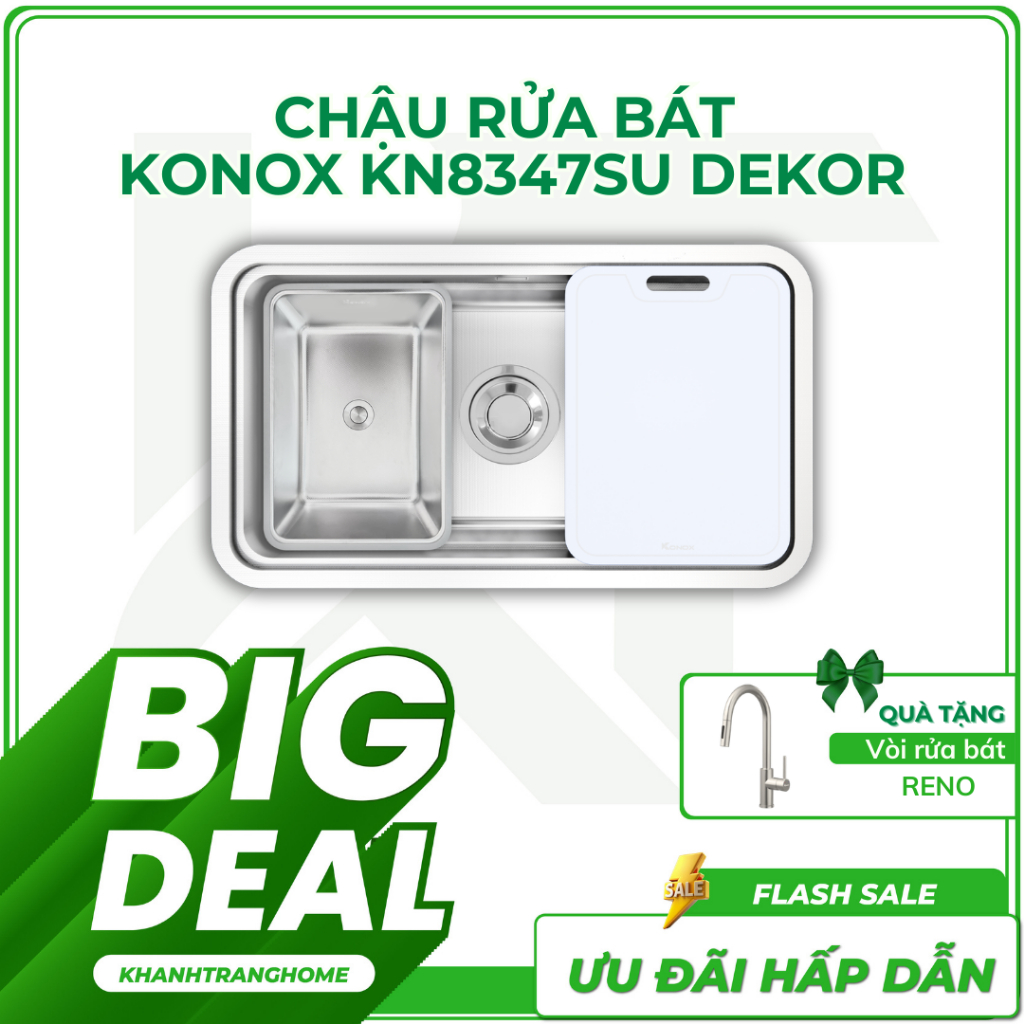 Chậu rửa bát 1 hố inox KONOX KN8347SU DEKOR chống xước Tặng Vòi rửa dây rút RENO - KHÁNH TRANG HOME