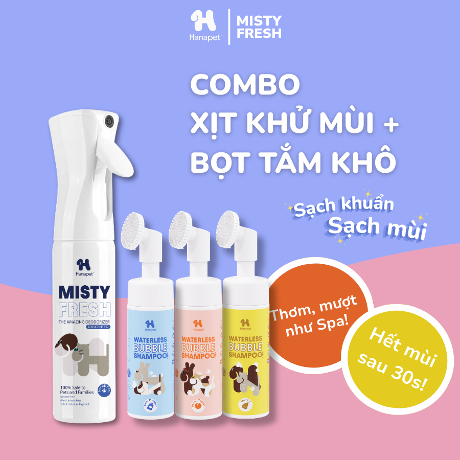 Combo sữa tắm khô chó mèo 130ml và xịt khử mùi, khử khuẩn Misty Fresh 300ml - Hana Pet