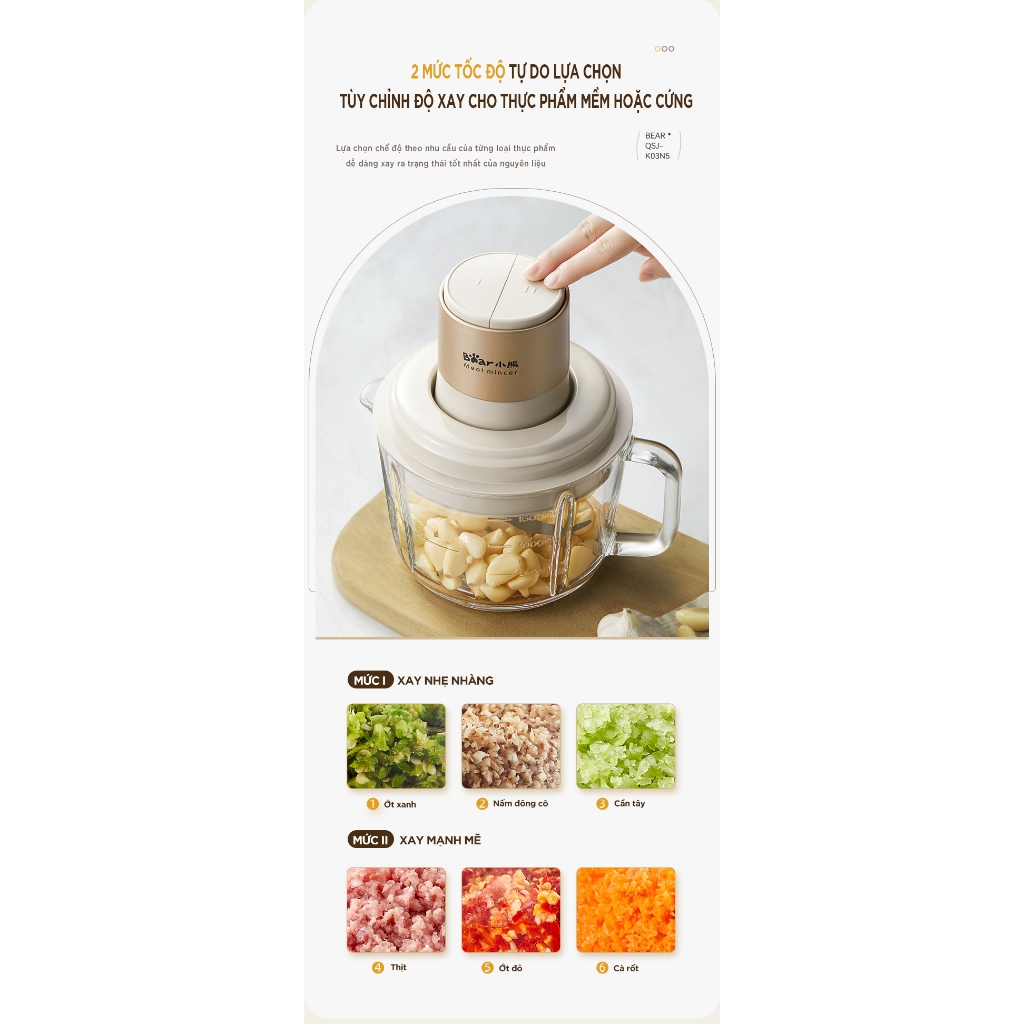 Máy xay thịt 2L Bear CH-5H03J (QSJ-K03N5), 300W,4 lưỡi dao inox, xay ớt hành tỏi cua cá, BH 18 tháng | BigBuy360 - bigbuy360.vn