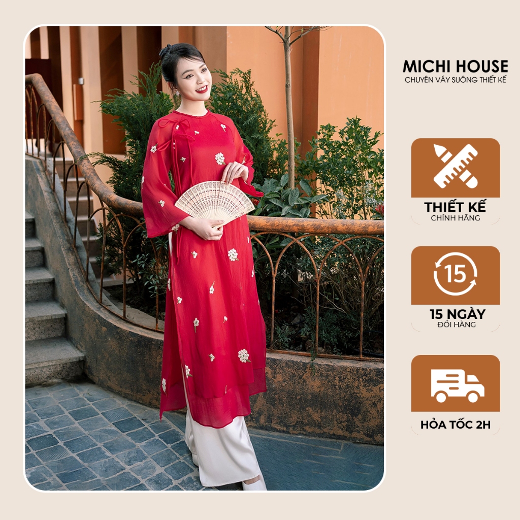 Áo Dài Nữ Màu Đỏ MICHI HOUSE Áo Dài Cách Tân Dáng Suông Thêu Hoa Sang Trọng AD13