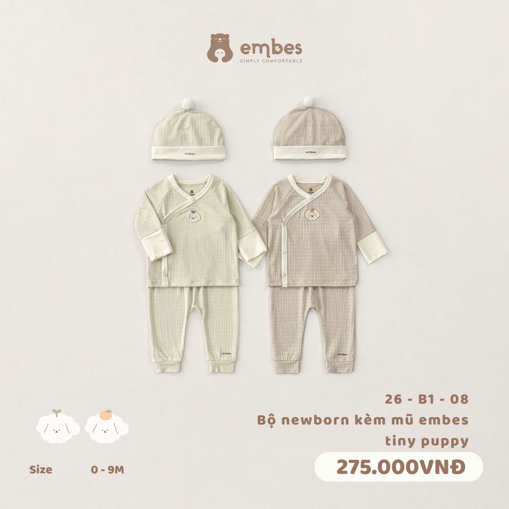 Bộ Newborn Cho Bé Embes, Bộ Dài Tay Cài Chéo Kèm Mũ Chất Cotton Mỏng Mát Cho Bé Sơ Sinh Từ 0-3 Tháng