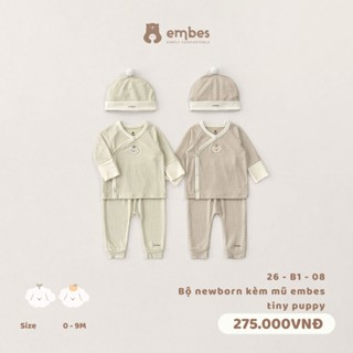 Bộ Newborn Cho Bé Embes, Bộ Dài Tay Cài Chéo Kèm Mũ Chất Cotton Mỏng Mát Cho Bé Sơ Sinh Từ 0-3 Tháng