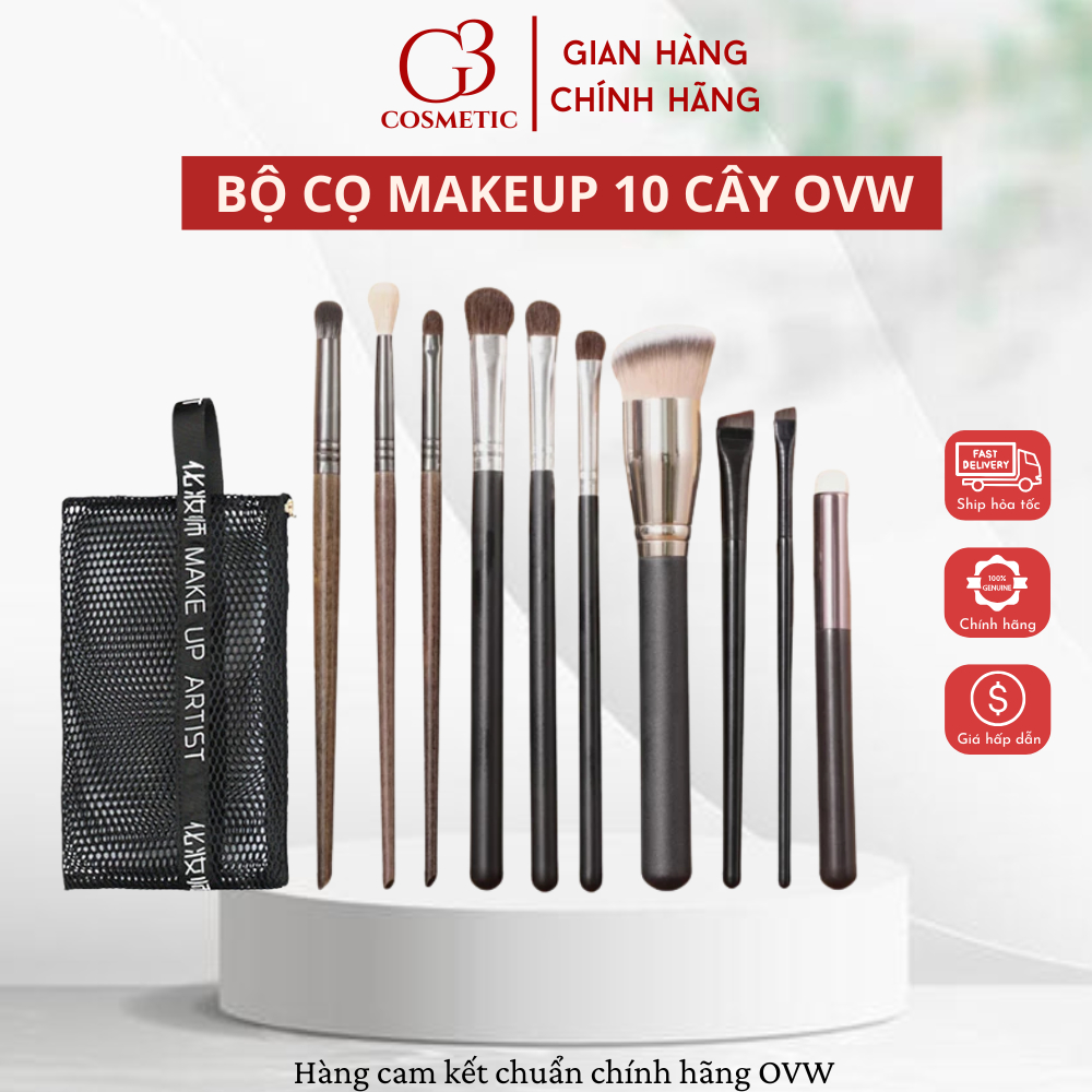 Bộ cọ trang điểm 10 cây OVW makeup tổng hợp lông siêu mềm mịn, bám phấn tốt có tặng kèm túi đựng cọ 