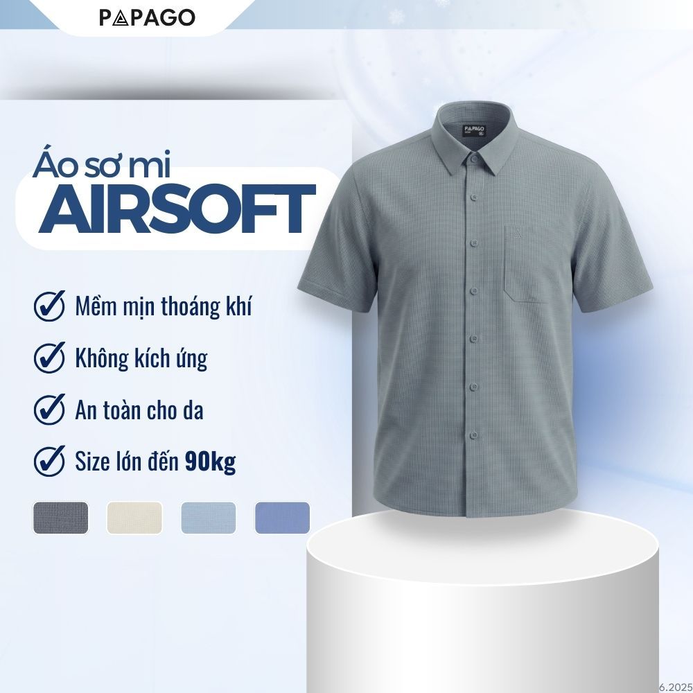 [MỚI] Áo Sơ Mi Nam Trung Niên Thêu Logo PAPAGO Tay Ngắn Lai Ngang - P25SNTT004