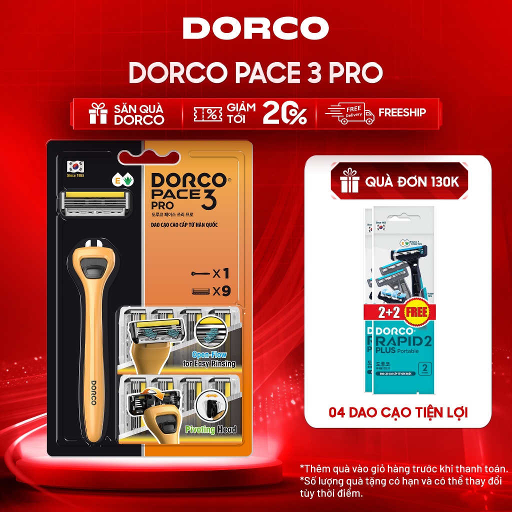 Dao Cạo Râu Hàn Quốc 3 Lưỡi DORCO PACE 3 PRO - TRD7009-B - Gồm 1 Cán Dao và 9 Đầu Cạo