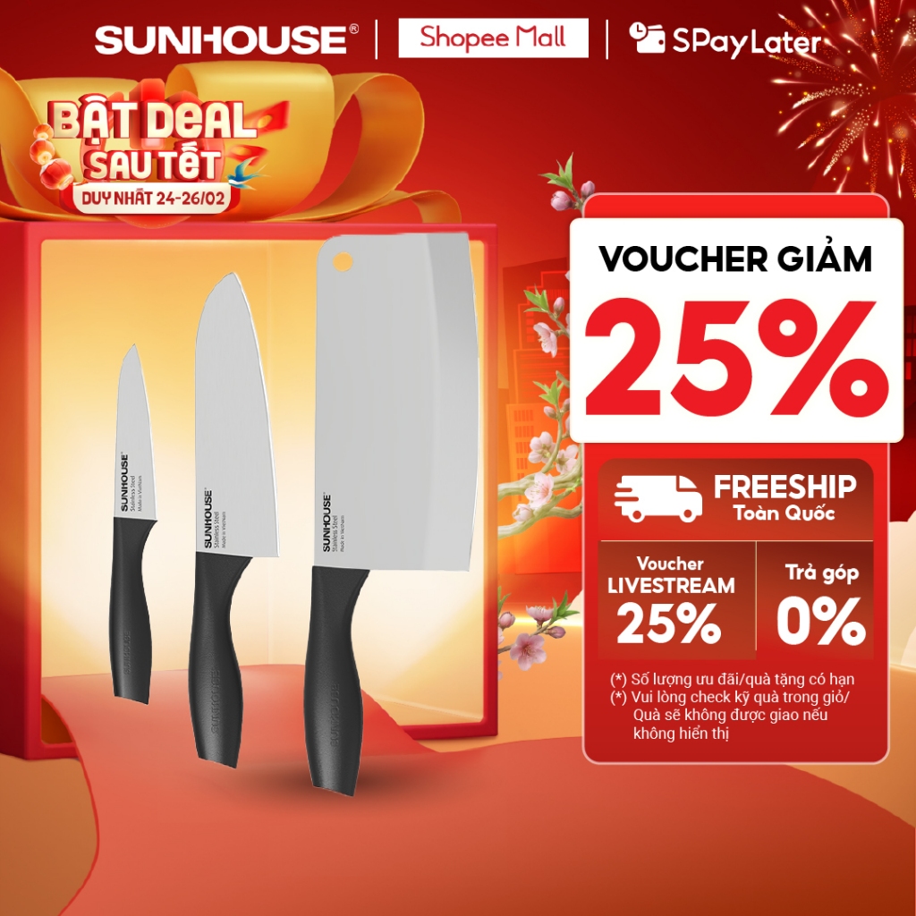 Bộ dao 3 chiếc Eco Family Sunhouse KS-KN3E1 - Lưỡi dao làm từ thép SUS420J2 không gỉ - Gồm 3 dao: chặt, gọt và làm bếp