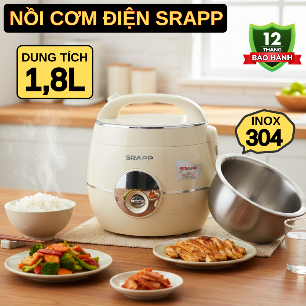 Nồi cơm điện lòng inox SRAPP 187, nồi cơm lòng niêu giữ nhiệt chống dính cực tốt, chất liệu inox 304