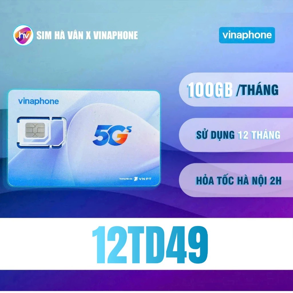 Sim Vina 5G 12TD49, có 100G/tháng tốc độ cao trong 12 tháng, năm sau gia hạn 490k/ năm, sim hà vân