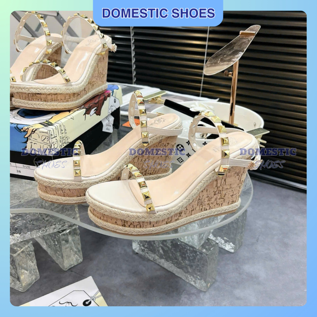 321-65 Sandal Đế Xuồng Nữ Quai Đinh Tán Cao Cấp, Dép Xuồng Đế Cói Cao 10cm Tăng Chiều Cao Phối Đồ Sa