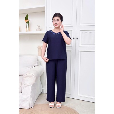 Bộ mặc nhà nữ trung niên cho mẹ áo cộc quần dài dáng suống linen mát, mềm mại SUNFLY SP2254