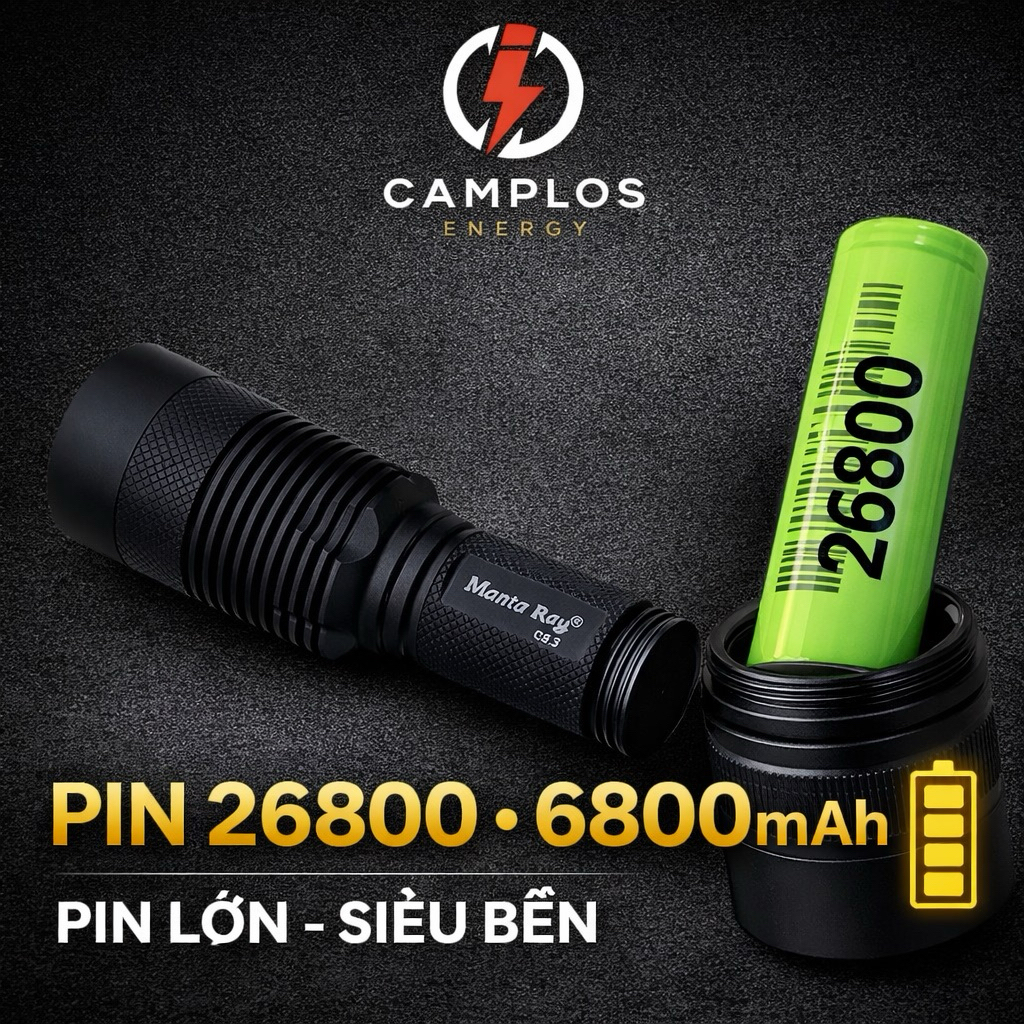 Camplos Đèn pin siêu sáng Mantaray C8.2 SFT42R/LHP73B pin 26800/26650 đèn bin cầm tay hợp kim nhôm c