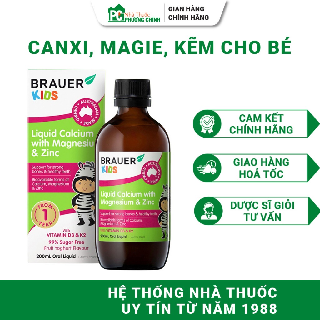 Siro Canxi, Magie & Kẽm Cho Bé Brauer Kids Liquid Calcium With Magnesium & Zinc 200ml