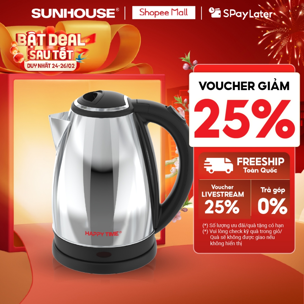 Ấm siêu tốc 1.5L SUNHOUSE Happy Time HTD1055 - Tự ngắt khi nước sôi, cạn nước - Tay cầm chống nóng, thân inox không gỉ