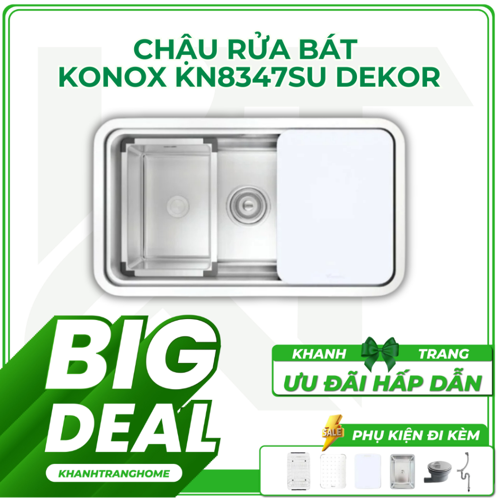 Chậu rửa bát KONOX KN8347SU DEKOR 1 hố chống xước cao cấp, đầy đủ phụ kiện