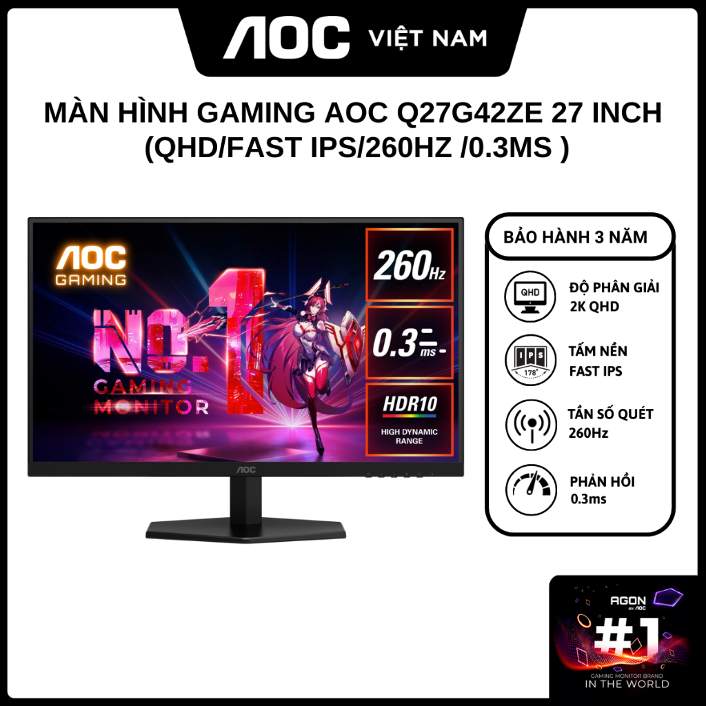 Màn Hình Gaming AOC Q27G42ZE 27inch (QHD/Fast IPS/240HZ/0.3ms) - Hàng Chính Hãng