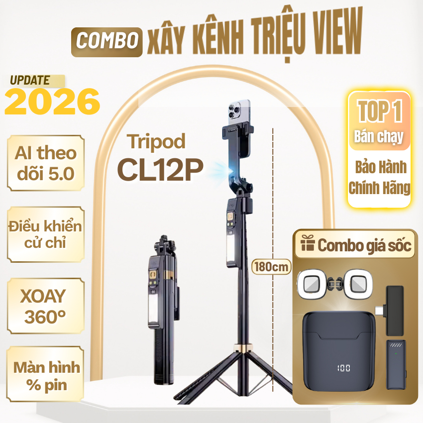 Gậy chụp ảnh Tripod điện thoại livestream đa năng CL12P, Tripod AI 360 tự động xoay theo vật thể điề