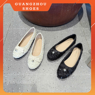 533-107 Giày Búp Bê Nữ Kim Tuyến Lấp Lánh Đính Nơ Ngọc Trai Phong Cách Ulzzang Hàn Quốc Cao Cấp