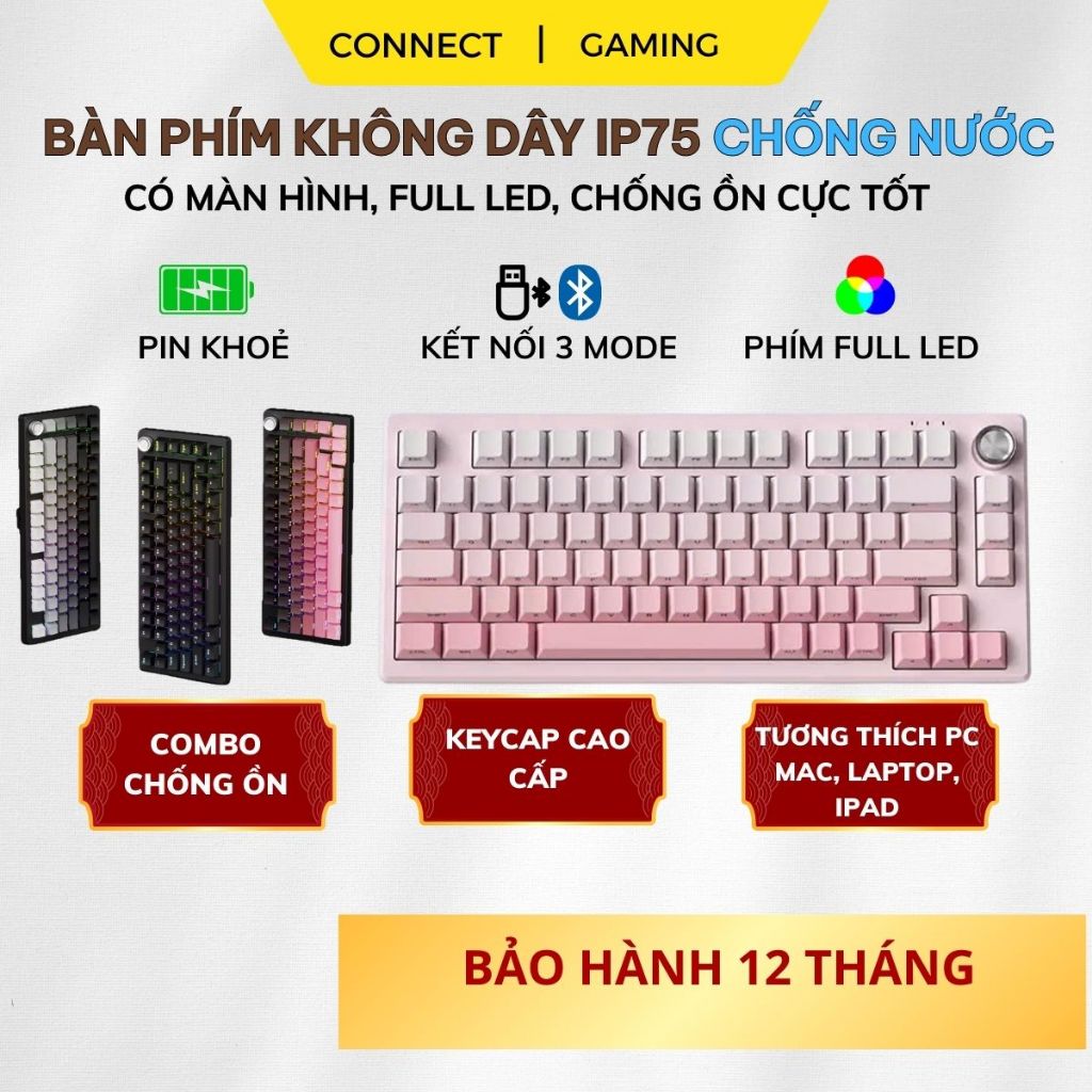 Bàn Phím Không Dây Bluetooth Connect IP98, LED RGB, Có núm xoay, Chống nước, Phím PBT, Chống Ồn-BH12