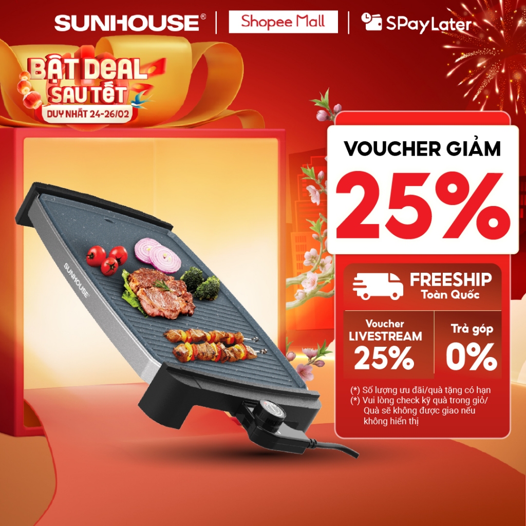 Bếp nướng điện Sunhouse SHD4612 - Chống dính cao cấp - Diện tích mặt bếp lớn - Tự ngắt khi quá nhiệt