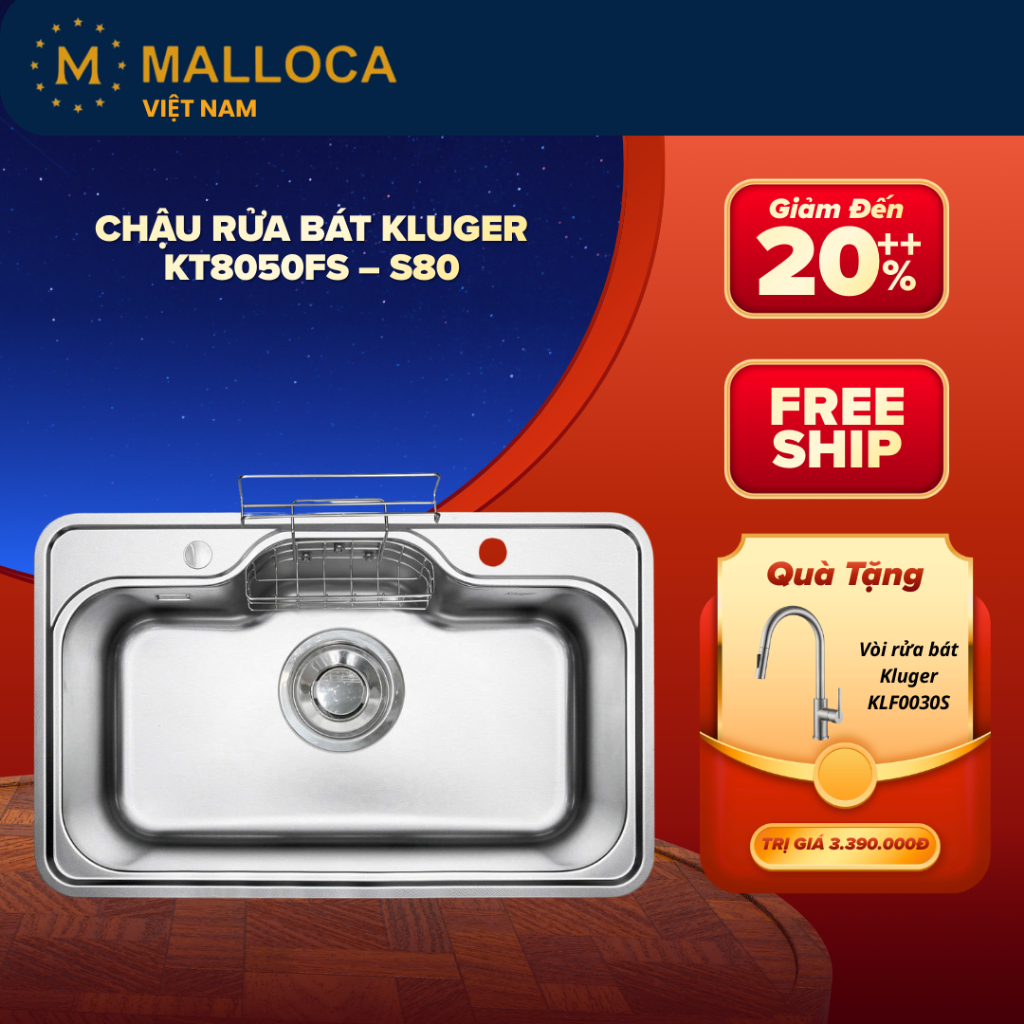 Chậu Rửa Bát Kluger KT8050FS – S80 – 1 Hố Rộng Rãi - Công Nghệ Ép Khuôn Liền Khối