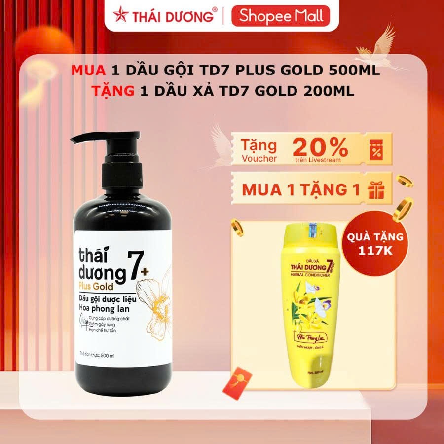 [Live] Dầu gội dược liệu Thái Dương 7 Plus Gold 250ml/500ml cho tóc khô xơ, hư tổn tặng tuýp Thái Dương 7 Plus 50m
