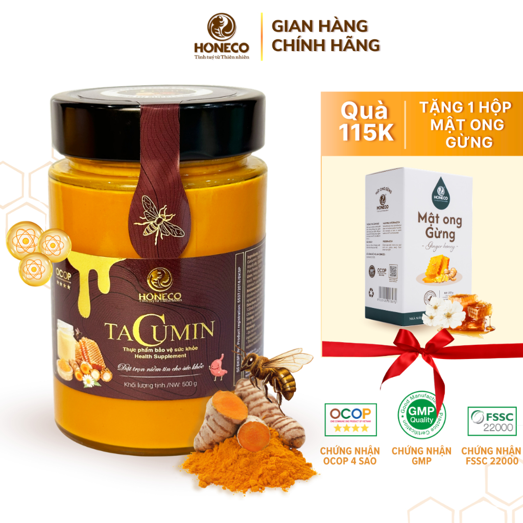Mật ong nghệ sữa chúa Tacumin HONECO 500g -  OCOP 4 SAO - Hỗ trợ giảm viêm loét dạ dày, tá tràng