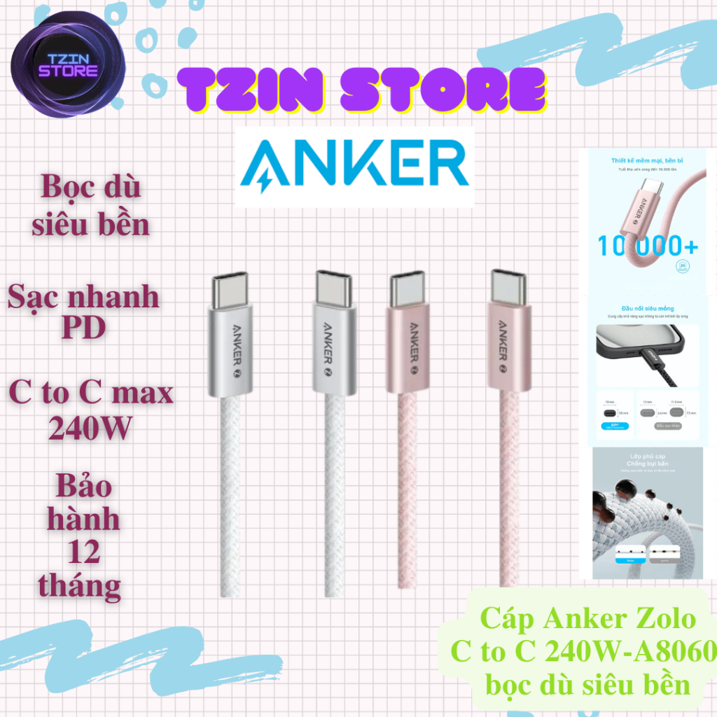 Cáp sạc nhanh ANKER Zolo USB-C to USB-C Công suất 240W Chip E-Maker- A8060