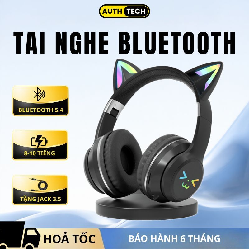 Tai Nghe Mèo Bluetooth Không Dây, Tai Nghe Chụp Tai Dễ Thương Tích Hợp Mic Và Đèn LED RGB