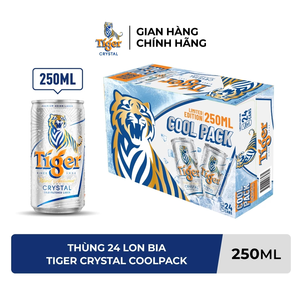 Thùng 24 lon bia Tiger Crystal Coolpack 250ml