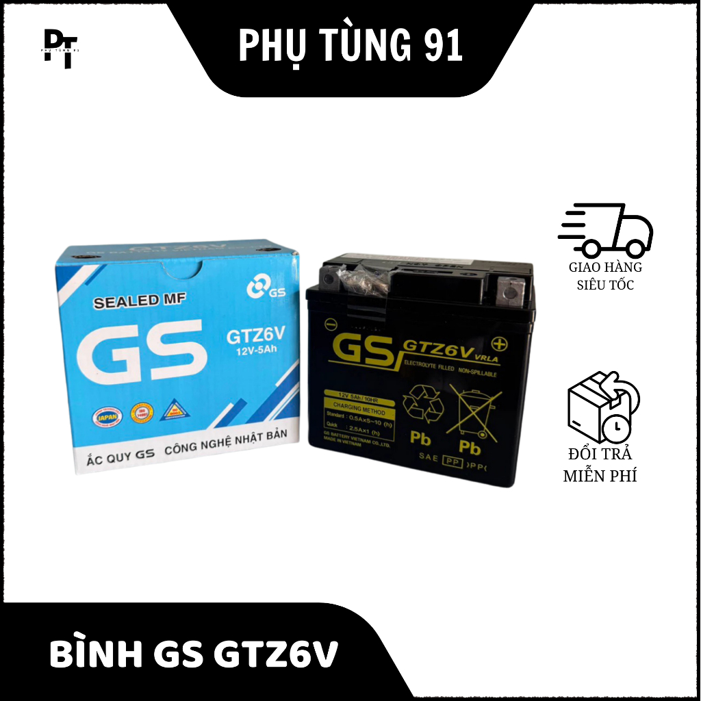 Bình Ắc Quy GS GTZ6V (12V - 5Ah) - Chuyên dùng AB 125/150, SH, Lead, Vision, Exciter 150, Winner