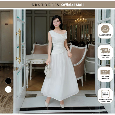 BBSTORE'S Đầm Xòe Tiệc Thun Cotton Cổ Xéo Dài Kết Hoa 3D - DAB01A