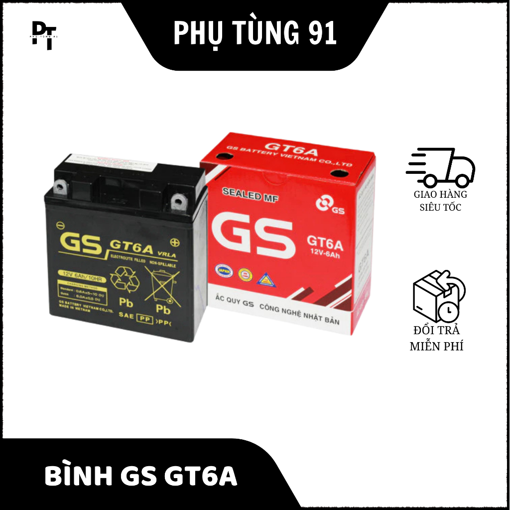 Bình ắc quy GS - GT6A (12V 6A). Cho xe Sirius, Dream, Wave, Future