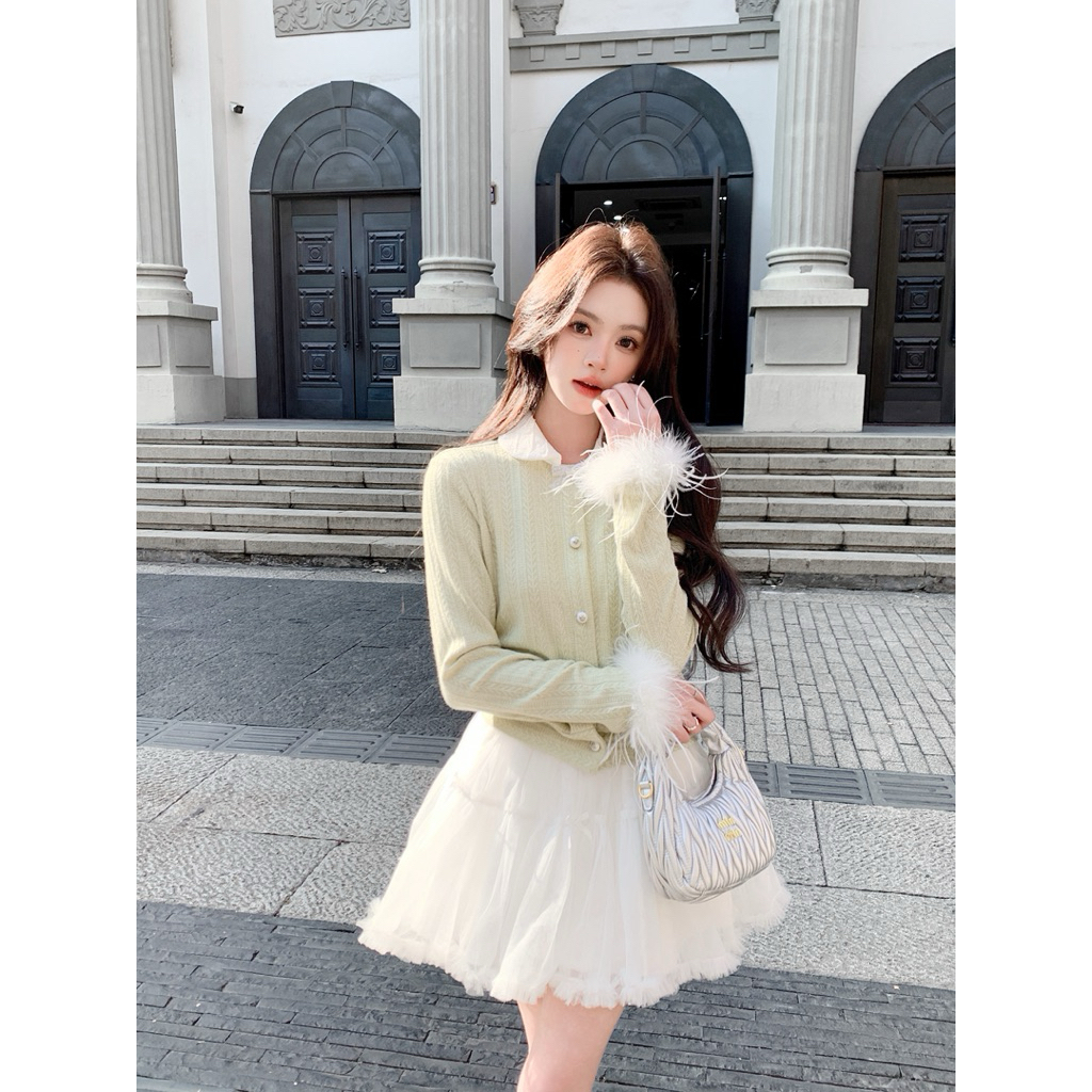 BY IR - Cardigan Xanh Cốm Phối Tay Lông / Esmie Cardigan