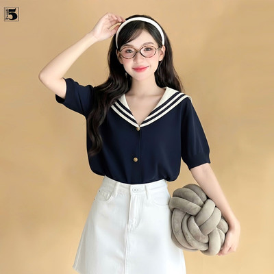 Áo len mongtoghi nữ Twentyfive dáng rộng cài cúc, phối cổ thủy thủ, vải đanh mịn 6260 (Version mới 5 cúc)