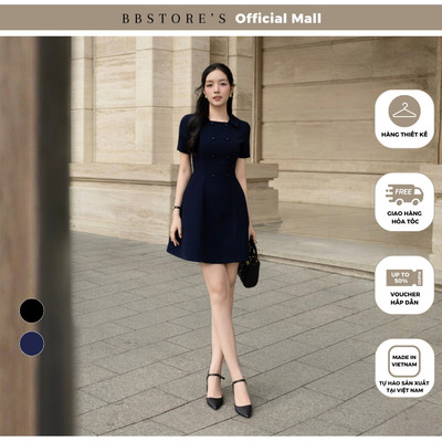 BBSTORE'S Đầm Xòe Công Sở Tay Ngắn Cổ Vuông Cao Cotton Tuyết 2 Hàng Khuy - DAB24B
